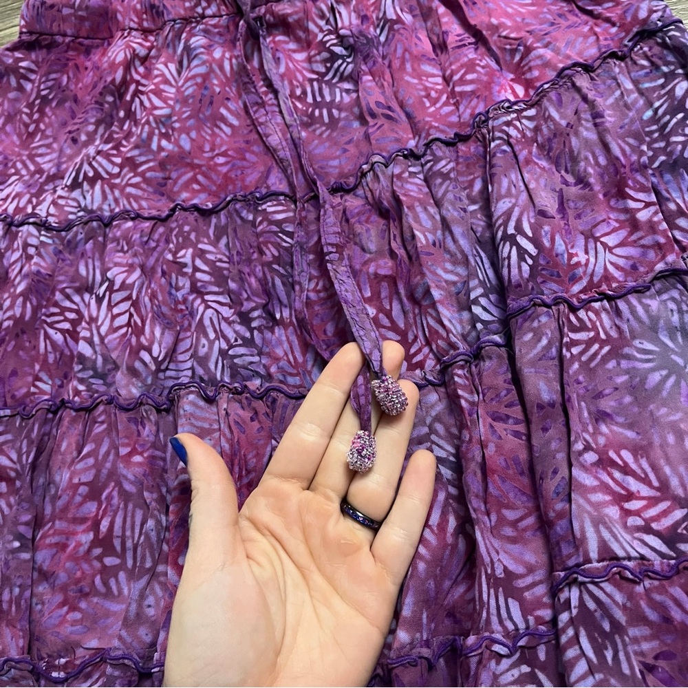 Vintage 90s does 70s Boho Tiered Rayon Skirt | Purple Pink Abstract Leaf Medium - Picture 4 of 9